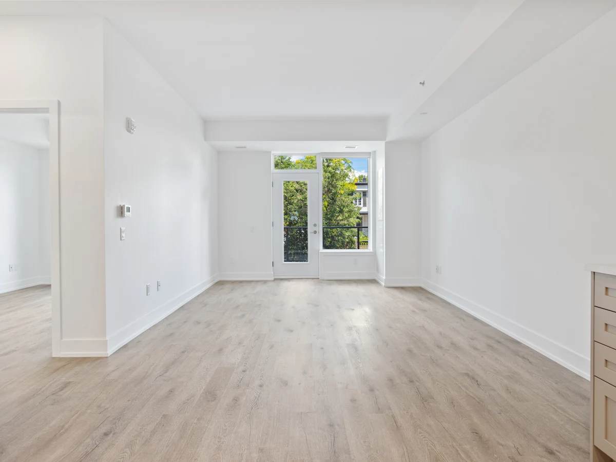 Pièce rénovée, vide et nettoyée, parquet clair